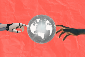 Robot & Human hand touching a globe, on a red background.